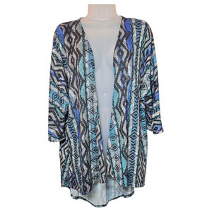 LuLaRoe Wom Medium Blue Black Open Front Cardigan Kimono Tribal Southwestern EUC